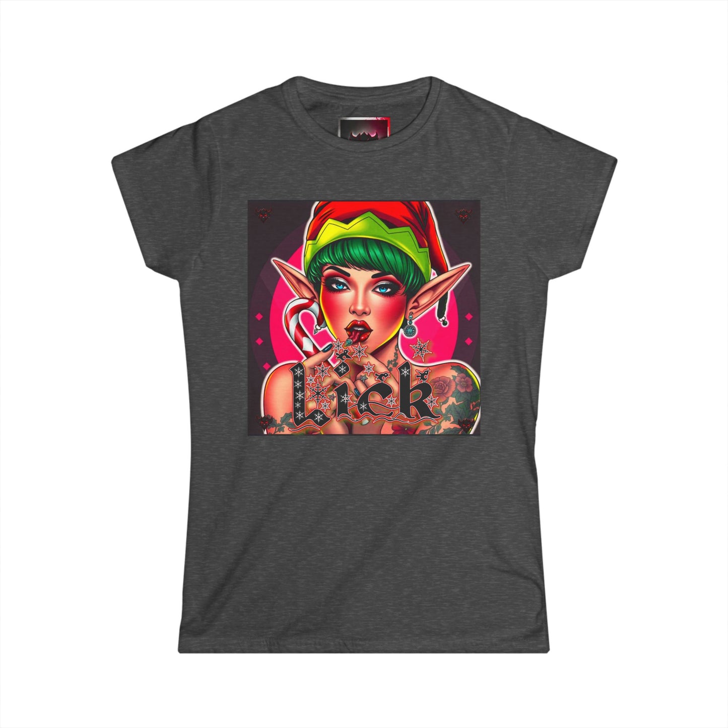 Candy Cane "Lick" Elf pinup -Women's Softstyle T-Shirt- Fun Holiday Elf Design