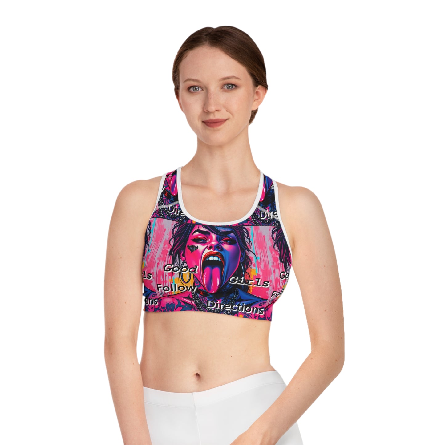 Bold Graphic Sports Bra for Active Women - "Good Girls Follow Directions" Design