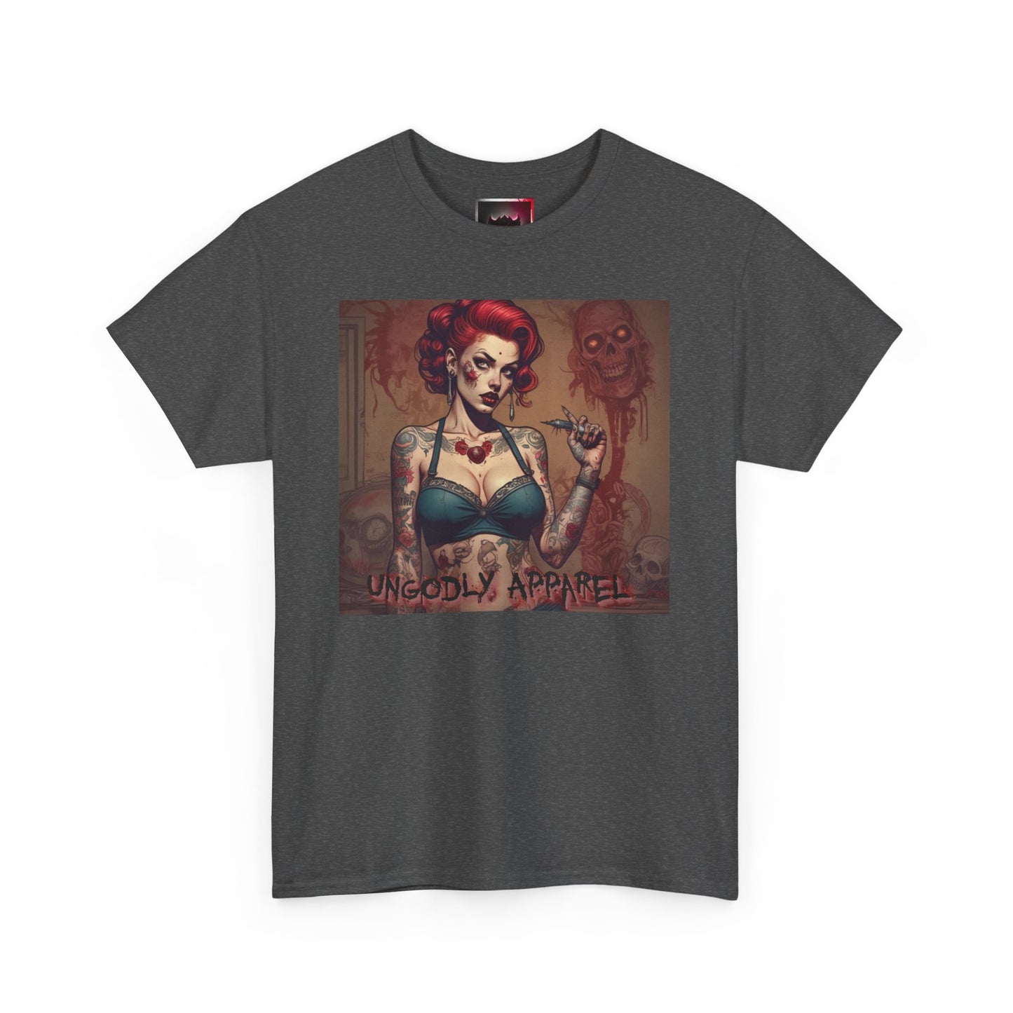 Gothic Zombie Girl Tattoo Print Unisex Heavy Cotton T-Shirt - Perfect for Alternative Fashion Lovers