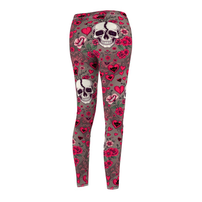 Skull & Roses Casual Leggings for Women - Gothic Floral Pattern