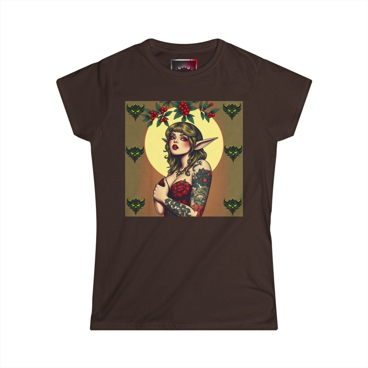 Vintage Green Mistletoe Elf- Women's Softstyle Tee- Boho Chic Graphic T-Shirt