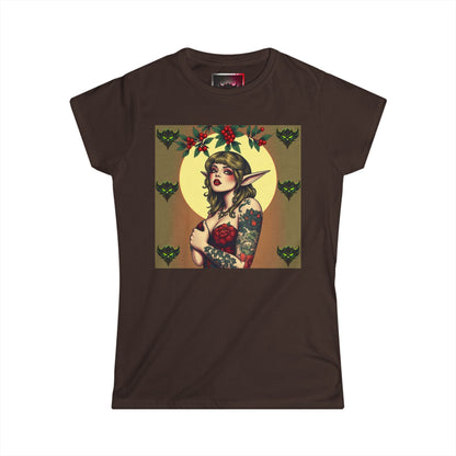 Vintage Green Mistletoe Elf- Women's Softstyle Tee- Boho Chic Graphic T-Shirt