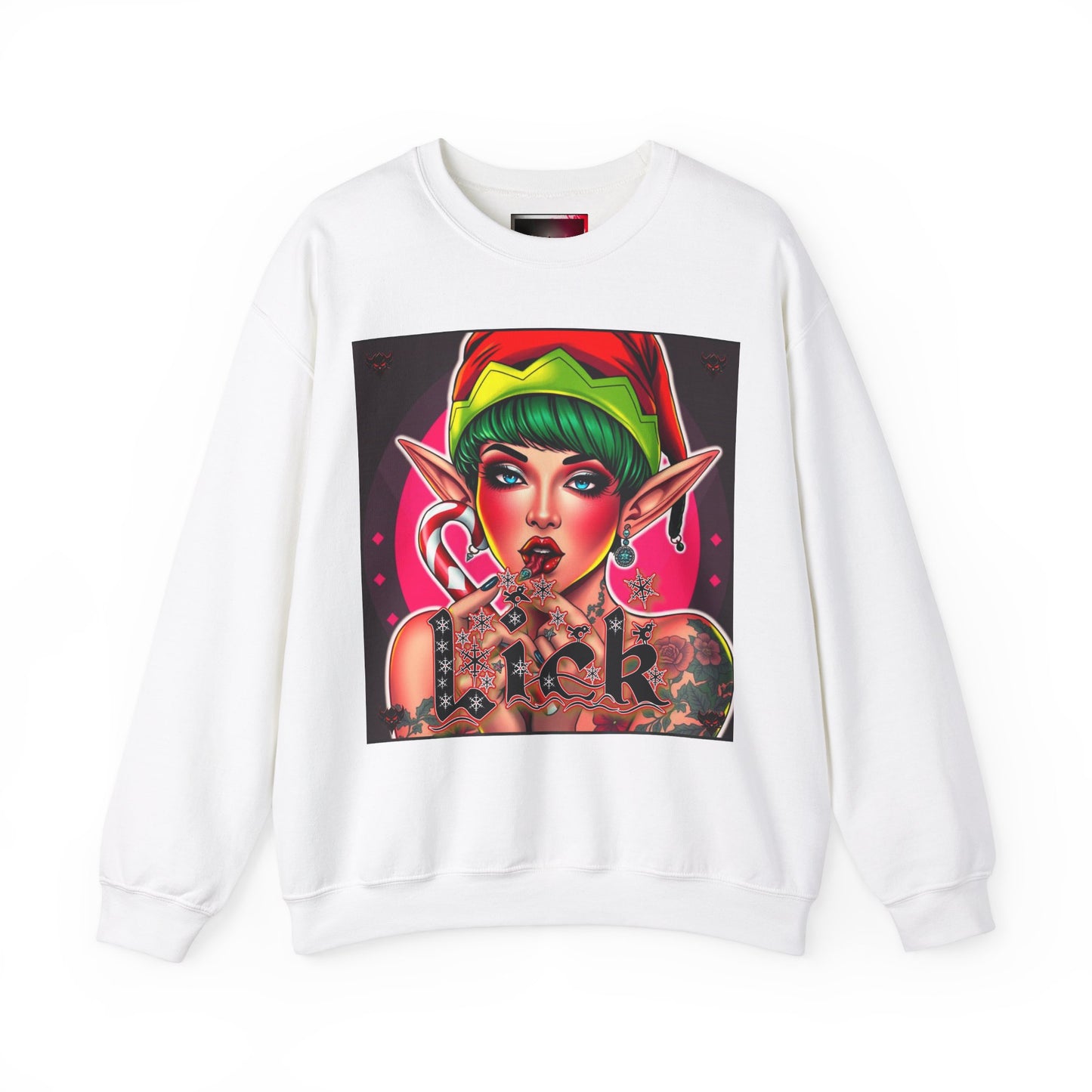 "Lick" Enchanting Elf Graphic Crewneck Sweatshirt - Unisex Heavy Blend for Festive Vibes