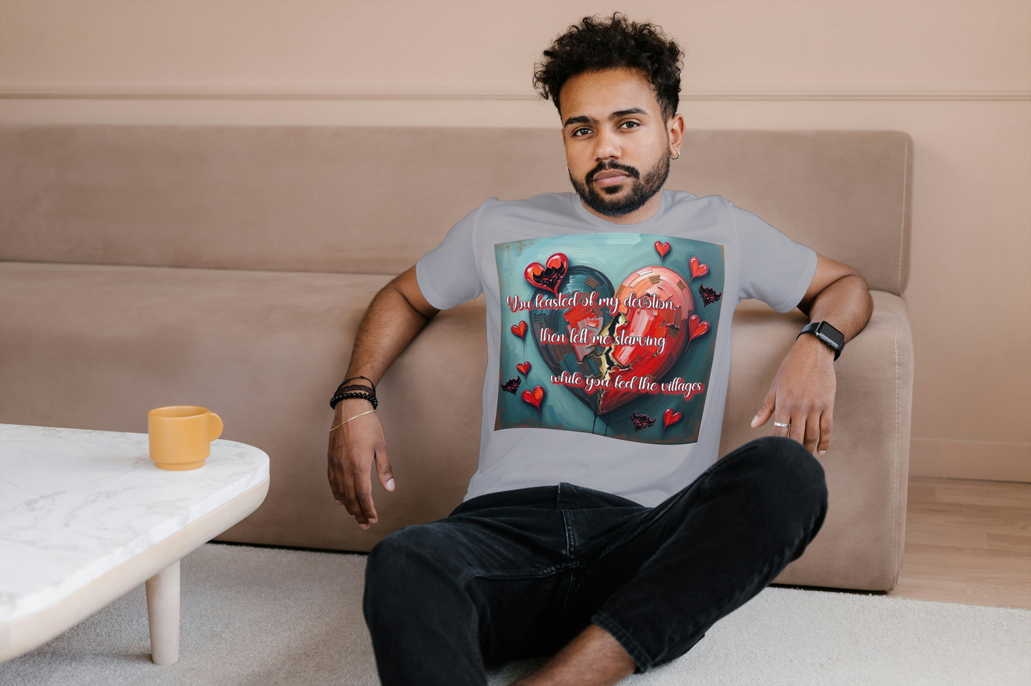 "You Feasted on My Devotion, then left me starving you fed the villages" Heartfelt Love Quote Unisex Heavy Cotton Tee - Perfect for Valentine's Day