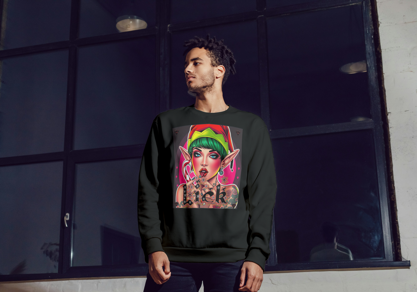 "Lick" Enchanting Elf Graphic Crewneck Sweatshirt - Unisex Heavy Blend for Festive Vibes