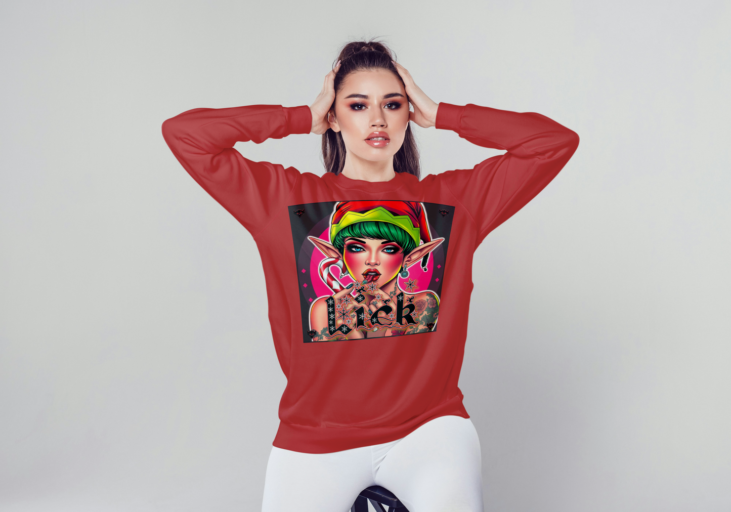 "Lick" Enchanting Elf Graphic Crewneck Sweatshirt - Unisex Heavy Blend for Festive Vibes